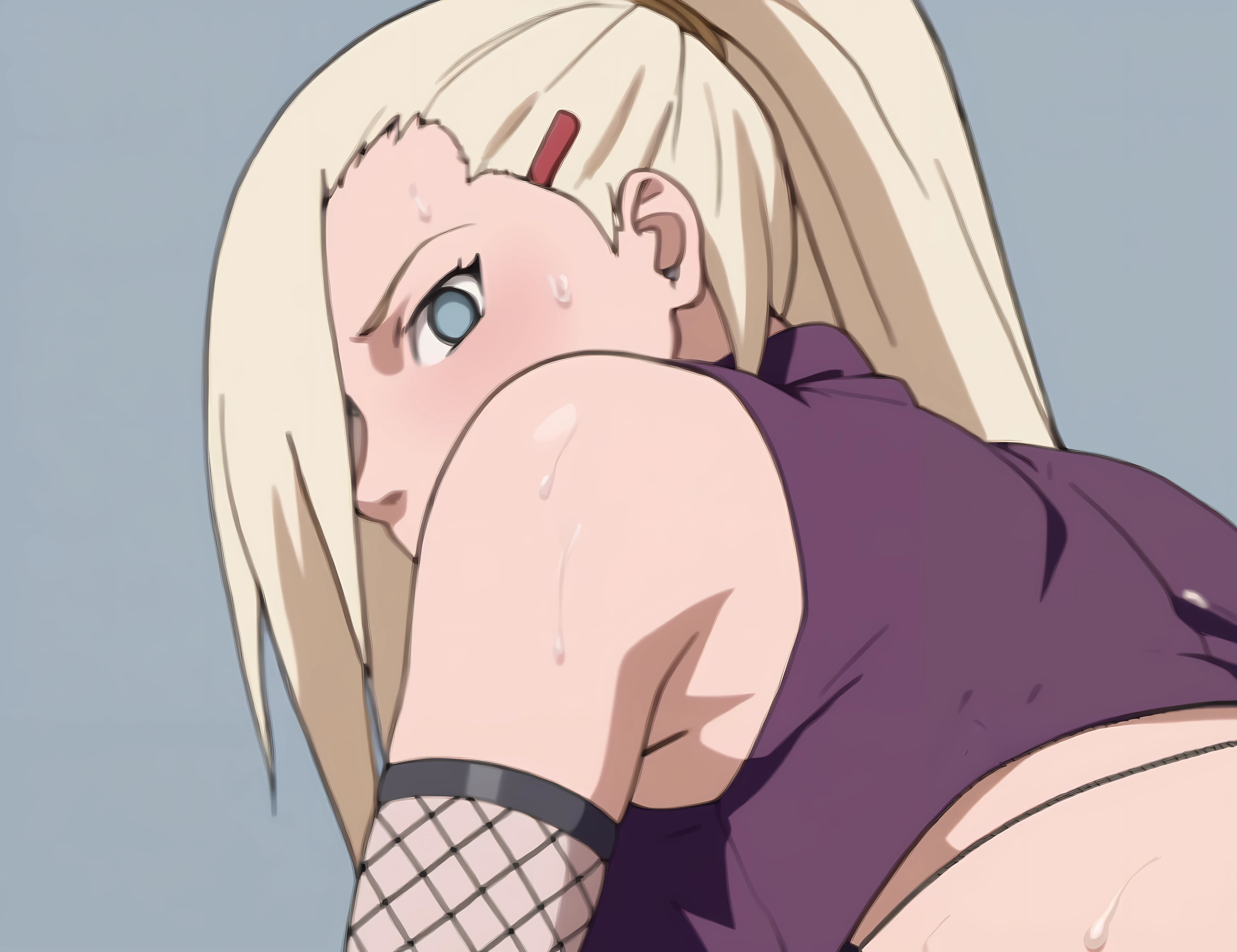 assjob, buujob, cum on ass, PENIS, yamanaka ino, hair over one eye, blonde hair, long hair, ponytail, blue eyes, hairclip, sleeveless, bare shoulders, crop top, fishnet sleeves, purple shirt, midriff, purple skirt, fishnet thighhighs, , ,, , , , NSFW:1.8, assjob, buujob, cum on ass, PENIS, sweat,