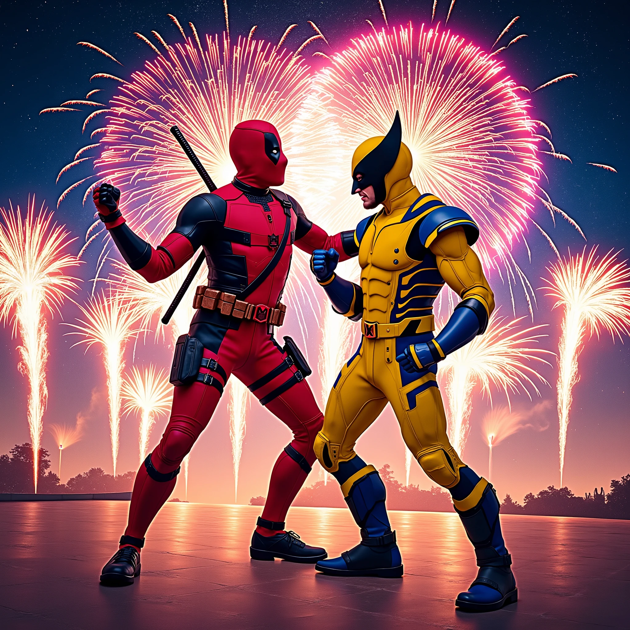 New Year's greeting card of Deadpool and Wolverine, in a dance pose, with a fireworks background