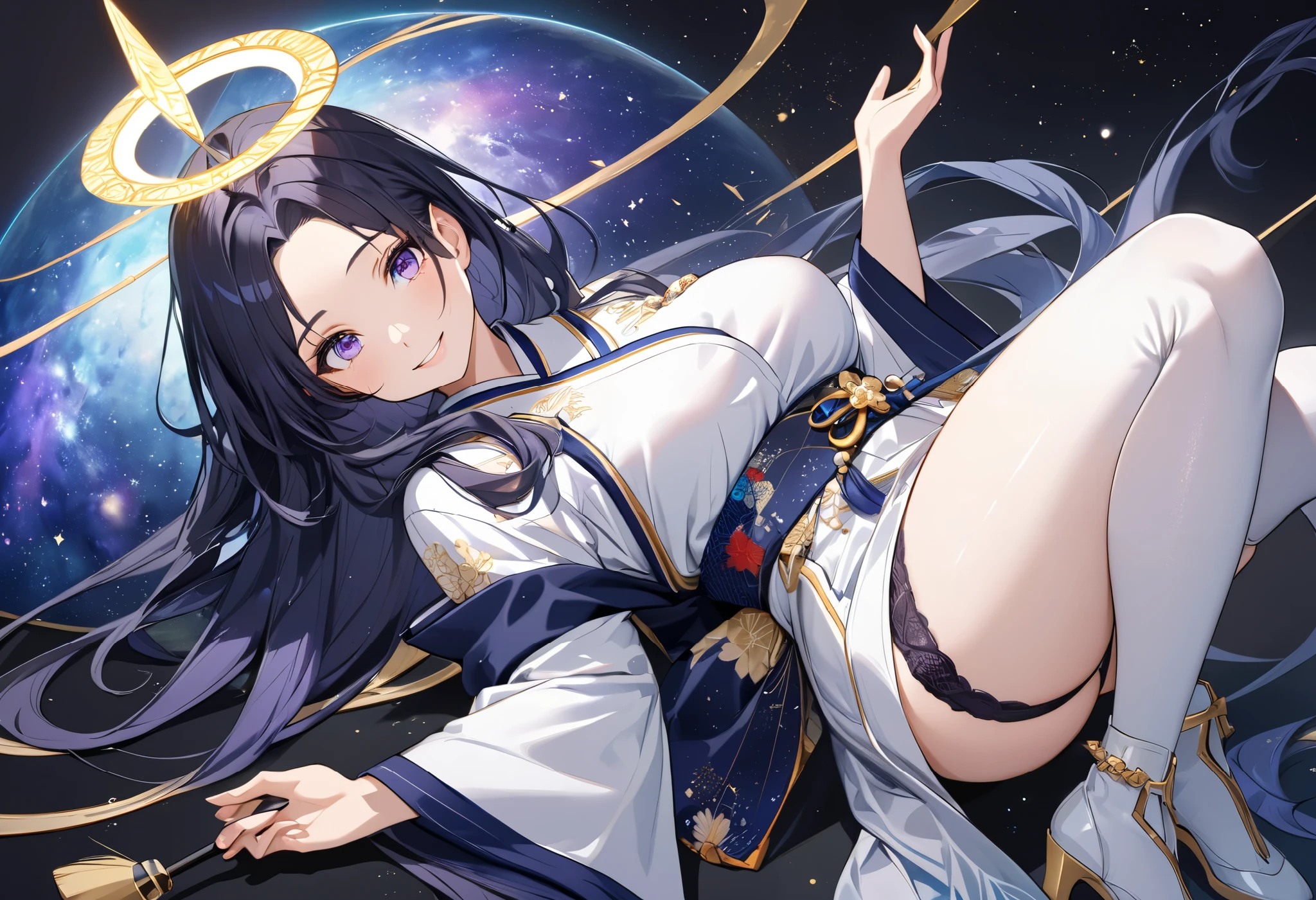 Fresh illustration,
Ultra-fine drawing,
Top quality,
Very delicate illustration,
Very fine details,
Beautiful charming anime woman,
Enchanting anime girl,
Super detailed,
Beautiful and sophisticated,
Illustration of a girl,
Full body,
Upright,
Arms slightly spread,
Height 158cm,
Fair skin,
Right eye is blue,
Left eye is purple,
Odd eye,
Heterochromie iris,
Large black pupil,
Beautiful eyes,
Super long hair,
Shiny hair,
The base of the crab is blue and the rest is white,
Hair has a gradient,
Forehead is exposed,
Cute face,
Pretty face,
There is a shining angel halo on the back of the head,
Lowered eyebrows,
Smiling,
Upper body is wearing a kimono,
Upper body is wearing Japanese clothing,
Overall white clothes,
Lower body is wearing a Chinese dress,
The obi color is black,
Tastefully embroidered with gold thread a certain,
clothes with a high-quality texture,
big breasts,
thong,
garter belt,
stockings,
thigh straps,
thigh straps digging into the skin,
white long boots,
shoe toes are Japanese-style,
thin waist,
thick thighs,
isometric,
golden ratio,
divine atmosphere,
wearing an indigo-colored stand-up collared inner,
outer space,
multiple galaxies,
countless small stars,
tactical use of shadows,
sexy outfit,