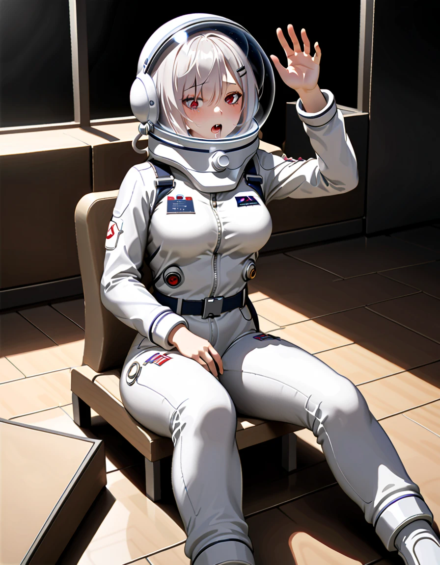 (Space suit:1.15),  white trucker pants , astronaut)Bubble Helmet, Space Helmet ,hypoxia , Drooling, Drooling很多, sweat,  blush,  watching the audience, lie , indoors, in floor, floor, masterpiece,  Best Quality , 1 Girl,  unique , Red Eyes, , {{{ messy hair :1.6}}},  bangs, Sitting, , Short hair, Art statement :1.2),  pain，There is a lot of water in the helmet ， of water seeping out of the helmet and onto the ground，Vomited a lot ， vomited in the helmet