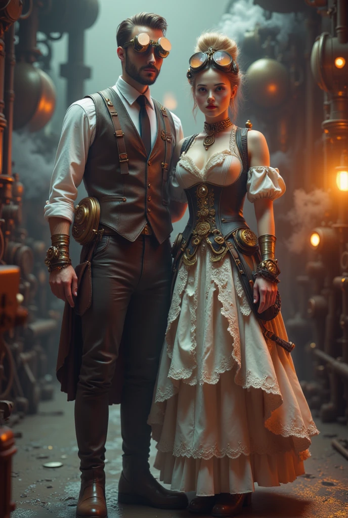 (best quality, 128k, highres, masterpiece:1.2), ultra-detailed, (realistic, photorealistic, photo-realistic:1.37), ((masterpiece)) ((photography)) ((Highest quality)) A steampunk-inspired couple standing side by side in a dramatic, atmospheric setting. The man wears a dark brown leather vest with brass buckles, a fitted white shirt with rolled-up sleeves, and a pair of goggles perched atop his head. His pants are tailored and tucked into worn leather boots, and he holds a vintage mechanical pocket watch in one hand. The woman beside him is dressed in a corseted, Victorian-style dress with intricate lace detailing and bronze gears embedded in the fabric. Her long hair is styled in an elaborate updo, and she wears a pair of ornate goggles around her neck. Both are adorned with mechanical accessories, such as brass cuffs and belt pouches. The background is a steam-filled factory setting with gears and pipes, illuminated by warm golden light, adding a touch of mystery and adventure to the scene.