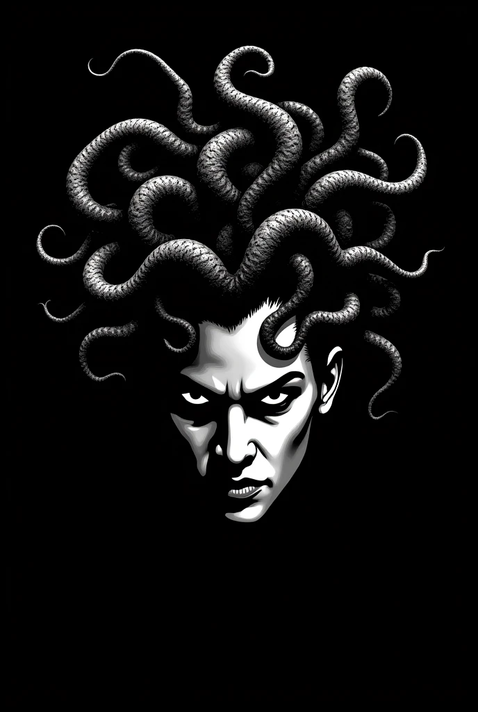 ((melhor qualidade)), ((obra-prima)), (detalhado), olhos realistas, medusa, A ghastly-looking, snake-haired woman with her tongue out and eyes of stone and sad countenance