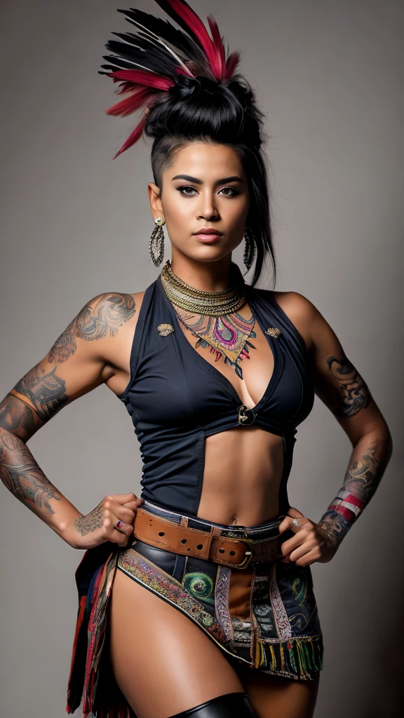 Ultra-high resolution photograph of a South American Indian woman , multiracial ,  thirty five years old ,  The woman's clothing is a mix of space Cowboy style and South American indigenous style ,  The woman's haircut is a shieldmaid mohawk and the sides of the head are tattooed , hair color dyed,  woman pose dancing full body ,  face realistically shown in ultra detailed ,  Body stature is tall with long legs and sensual curves and medium sized breasts ,  mood of photography is dark ,  top is a sleeveless cowboy shirt with a wide belt ,  Legwear is a maxi leather skirt with engraved Indian pattern and leather boots for women,  woman in her pose close to the camera