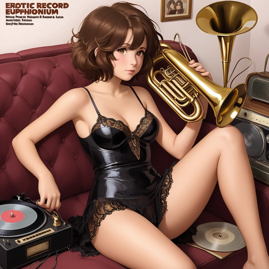 Masterpiece, high quality, cover to euphonium music vinyl disk with label "Virgin Records", beautiful rounded-faced young russian woman with brown eyes and short messy brown very shaggy disheveled hair with cute fragile teen body in sexy lace lingerie lying with euphonium in hands on the couch with a vinyl record playing on a radio and on the couch next to her the cover of the record with the words "Erotic Euphonium" written on it..