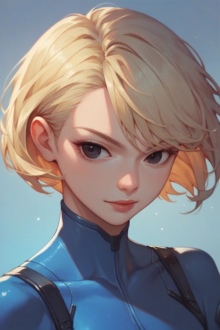 A blonde -yeld giwith blue eyes looks into the camera.., boy with neutral face, transparenter Catsuit, badeslip