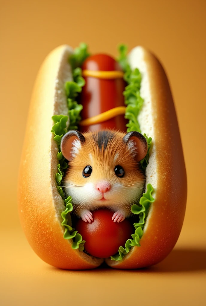 A super cute stuffed hamster with short limbs, sandwiched between a giant hot dog, with lettuce in the hot dog.