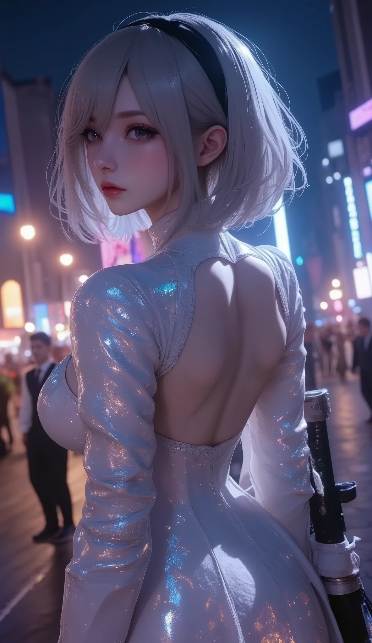 masterpiece, high res, illustration, animation style, movie style: your name, night , mid night , Gentle Light, Fascinating Light, batttle field, (back side shot, from her back, full body shot, full body, view from her back:1.7), (1 female: 1.3), (Alone: 1.4), Type 2B Yorha, has long eyelashes, short bob, nose_, open_mouth, futon, , Backless long Dress, holding long sword on her hand, Kirarhythm, dynamic perspective, perspective, Bokeh, Depth_of_Field, from_ Down, (natural breasts:1.2), (Uplifted and well-defined bust:1.2),