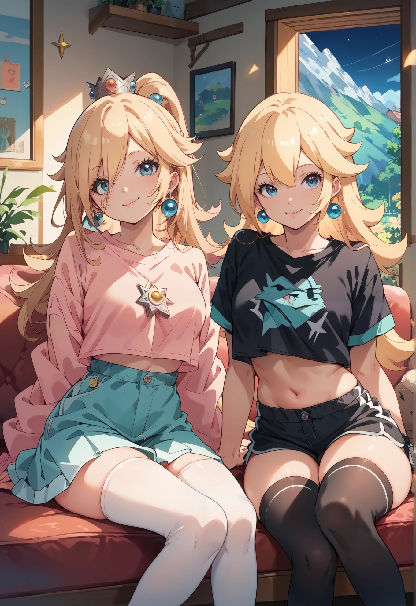 2girls, (girl1 is Rosalina, (smirk), black crop top, black stockings), (girl2 is princess peach, (alluring smile), pink top, white stockings), sexy pose, sitting on a couch, mountain cottage, night time, beautiful lighting, nsfw,