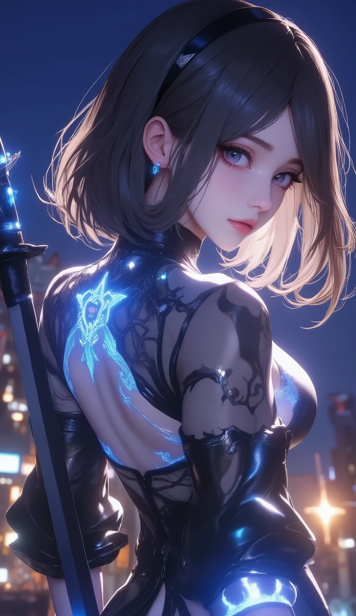 masterpiece, high res, illustration, animation style, movie style: your name, night , mid night , Gentle Light, Fascinating Light, batttle field, (back side shot, from her back, full body shot, full body, view from her back:1.7), (1 female: 1.3), (Alone: 1.4), Type 2B Yorha, has long eyelashes, short bob, nose_, open_mouth, futon, , Backless long Dress, holding long sword on her hand, Kirarhythm, dynamic perspective, perspective, Bokeh, Depth_of_Field, from_ Down, (natural breasts:1.2), (Uplifted and well-defined bust:1.2),