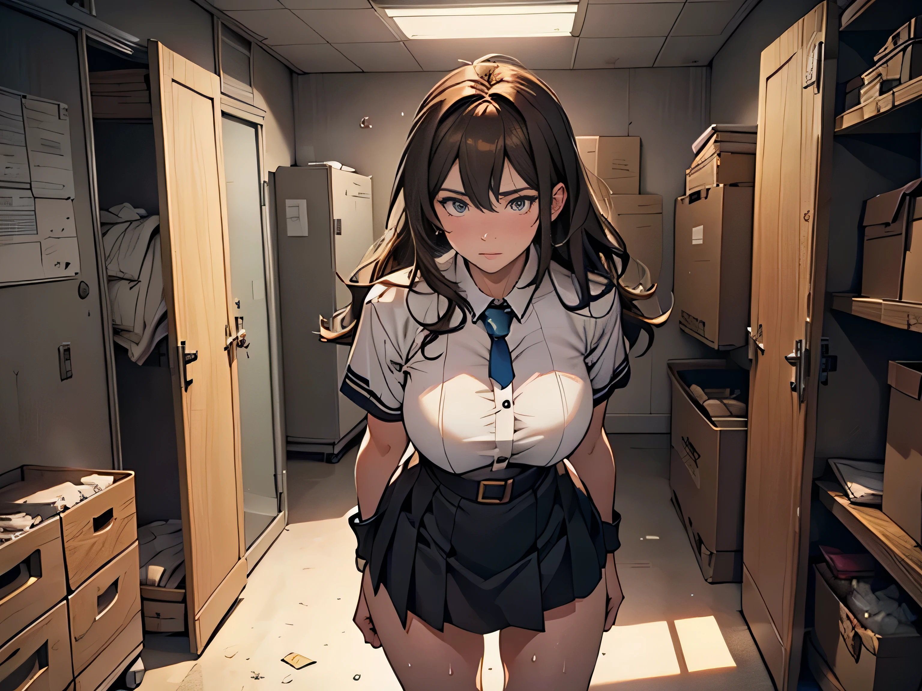 (Highly detailed CG Unity 8k wallpaper), (Masterpiece), (Highest quality), (Super detailed), (Best illustration), (Best shadow), (Absurd), , embarrassed, sweat, steam, staring, The viewer sees a female junior high school student, long hair, brown hair, white blouse, black skirt, upturned eyes, inside a junior high school storeroom, fluorescent lights are shining, standing up, staring at her entire body.