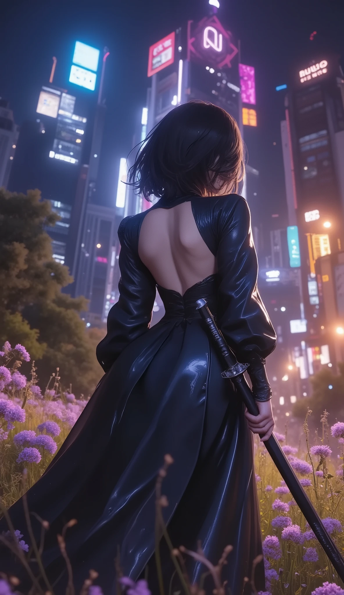masterpiece, high res, illustration, animation style, movie style: your name, night , mid night , Gentle Light, Fascinating Light, batttle field, (back side shot, from her back, full body shot, full body, view from her back:1.7), (1 female: 1.3), (Alone: 1.4), Type 2B Yorha, has long eyelashes, short bob, nose_, open_mouth, futon, , Backless long Dress, holding long sword on her hand, Kirarhythm, dynamic perspective, perspective, Bokeh, Depth_of_Field, from_ Down, (natural breasts:1.2), (Uplifted and well-defined bust:1.2),