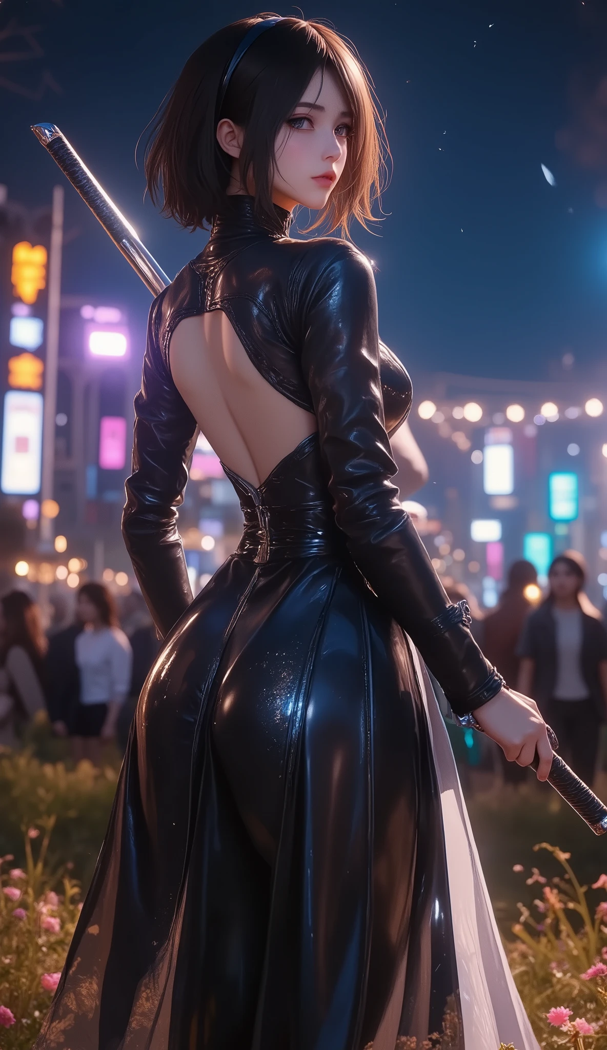 masterpiece, high res, illustration, animation style, movie style: your name, night , mid night , Gentle Light, Fascinating Light, batttle field, (back side shot, from her back, full body shot, full body, view from her back:1.7), (1 female: 1.3), (Alone: 1.4), Type 2B Yorha, has long eyelashes, short bob, nose_, open_mouth, futon, , Backless long Dress, holding long sword on her hand, Kirarhythm, dynamic perspective, perspective, Bokeh, Depth_of_Field, from_ Down, (natural breasts:1.2), (Uplifted and well-defined bust:1.2),