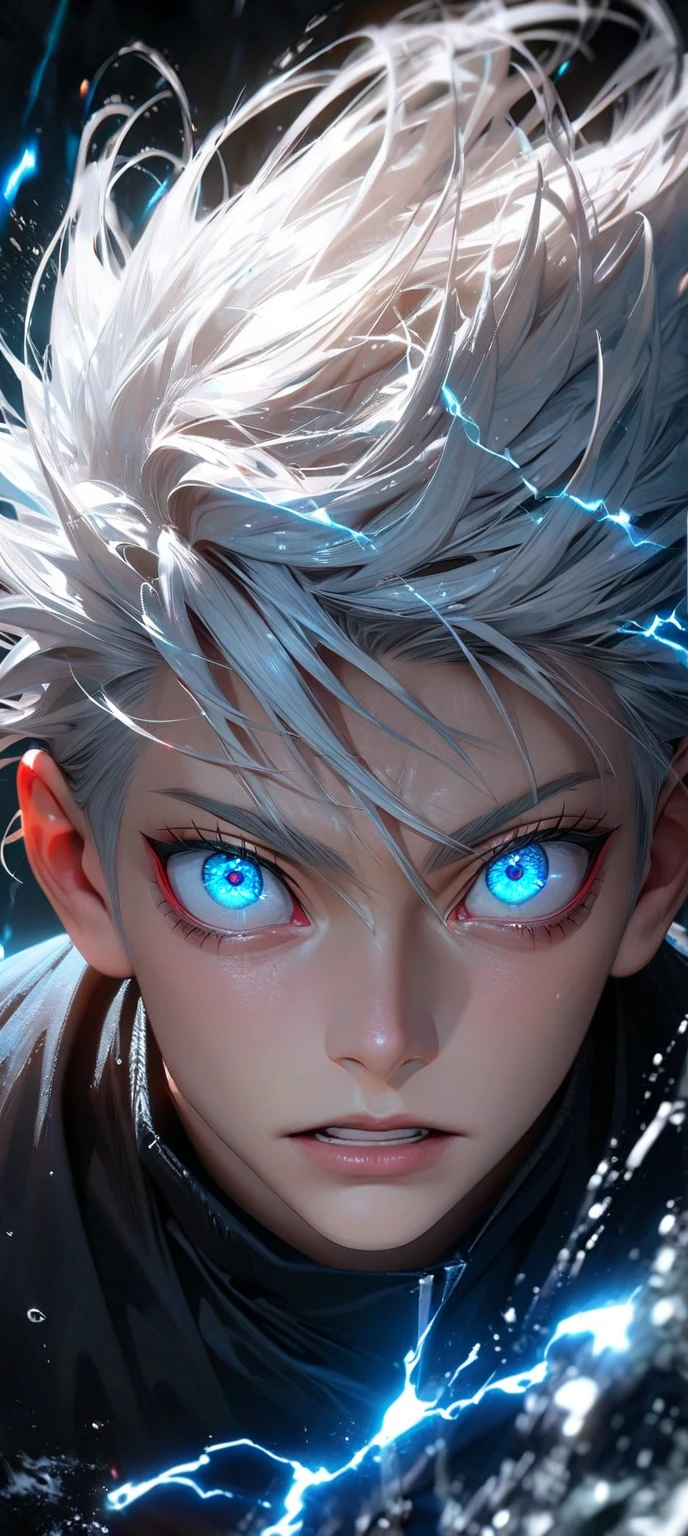  High quality, ultra realistic,absurdres, highres, ultra detailed, HDR, masterpiece, extremely detailed face and eyes,  Gojo satoru , jujutsu kaisen,, white hair ,black shirt , solo, ,man, handsome, ,white eyeleshes, blue eyes , Epic fight scene, blue splashing effect,blue lightning  effect,glowing glitters , close up,cool eyes, symetrical 