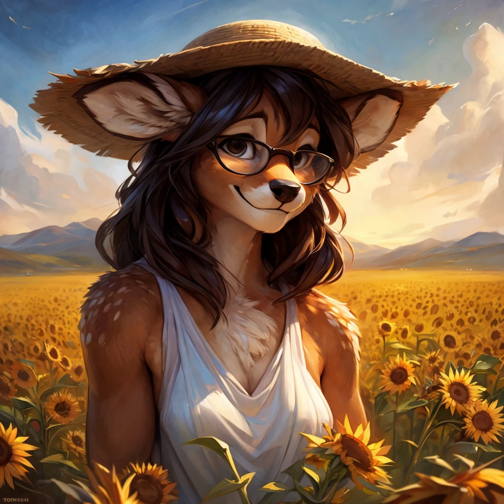 uploaded on e621, by Pixelsketcher, by Bayard Wu, by Thomas Benjamin Kennington , by Einshelm, by hioshiru and kenket, Chunie, portrait, solo anthro female deer doe, with small featureless breasts, clear dark blue, cinematic lighting, day, sunny day, sunflower field, stands in a high sunflower field, sunflower field background, sunflowers, mediterranean background, horizon background, shiny, short curly dark brown hair, wears big black nerd glasses, very very beautiful furry art, furry art, smiling, joyful, shiny, happy, feminine, cute face, muzzle, fluffy chest, flawless face, Fallow deer, 1girl, Sakimichan is beautiful, Masterpiece, Wavethesallow Face, shiny, Detailed image, portrait, Detailed image, portrait, full body, wearing pure white and wide spaghetti straps dress, wearing big and wide beige summer straw hat, shiny, realistic face, perfect anatomy, hourglass body, (furry body:1.1), anthropomorphic deer, looks at the viewer, small fluffy tail, detailed background, (cute anatomy:1.1)