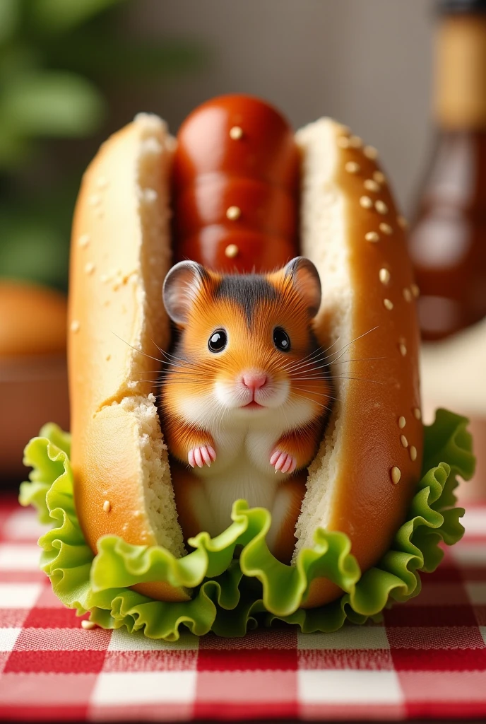 A very cute stuffed hamster with very short limbs sandwiched between a huge hotdog, the hamster replaces the sausage, there is also lettuce in the hotdog, and the background is a checked tablecloth,