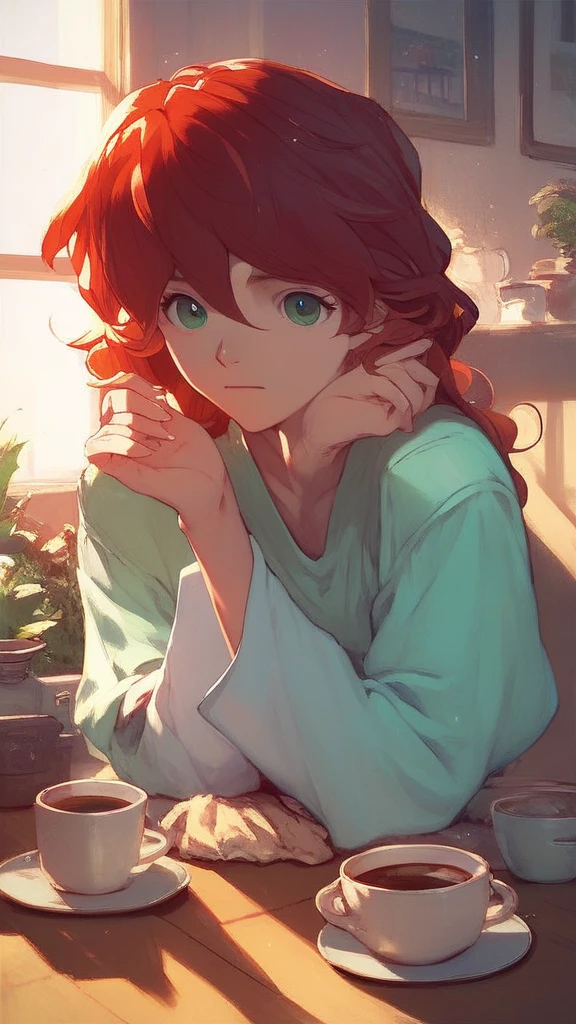 Mana Kirishima, green eyes, perfect eyes, hand perfect, adult woman, housewife, married, having breakfast at the table, with a cup of coffee on the table, in the early morning, Mirando al espectador, Alta resolución.