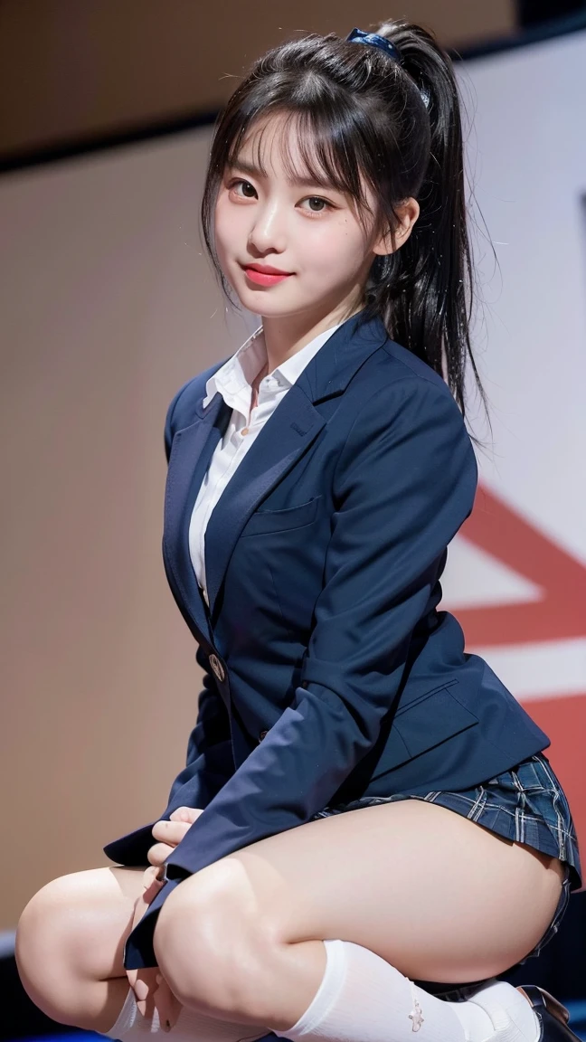 (8K), (highest quality: 1.2), (realistic), (realistic: 1.47), ultra high resolution, 1 girl, cute, smile, closed mouth, (thick lips:1.2),red lip,(Purse your mouth),beautiful details, beautiful nose,(Straight shiny black hair),(With a black ribbon on her head),(ponytail hair),Crouching on the concert stage,hold the microphone in your right hand,Bend your elbows and raise your hands,(University Student Uniform,A simple navy blue blazer,white satin shirt,tie,Tartan check pleated skirt,Blue knee-high socks:1.2),(Close up on wet thighs:1.2),(knees),(super low angle:1.3),(medium shot),(shot from behind)