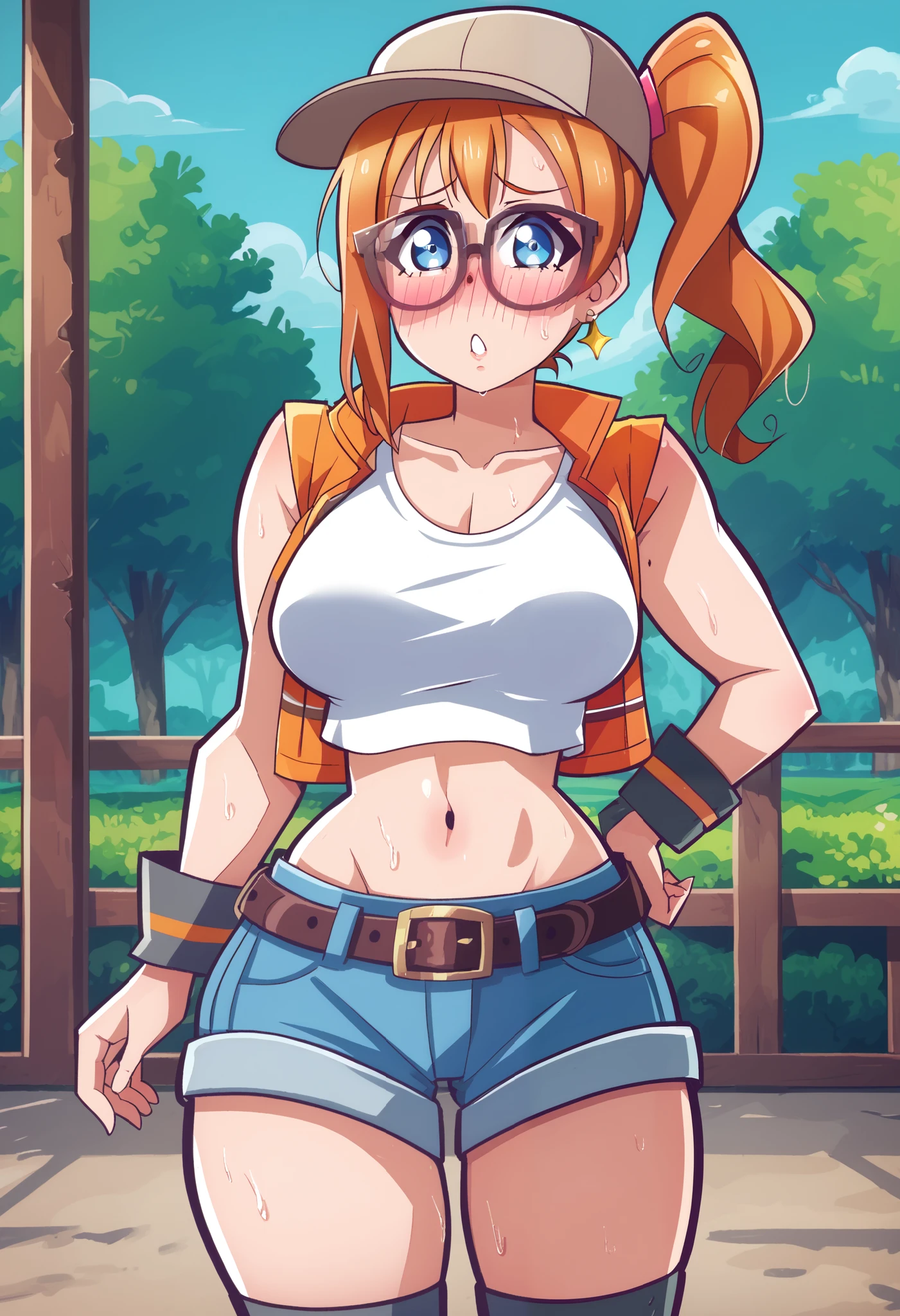 (Masterpiece, Best Quality, High Quality), anime style, , love live,kousaka honoka , kousaka honoka,id_honoka_kosaka,love live, blue eyes, orange hair, glasses, medium hair, ponytail, crop top, hat, jacket, knee pads, shorts, sleeveless, navel, belt,8k wallpaper, looking at viewer, earrings, outdoors, erotic figure, (blushing:1.2) , sweating, big breasts, cleavage,dbp