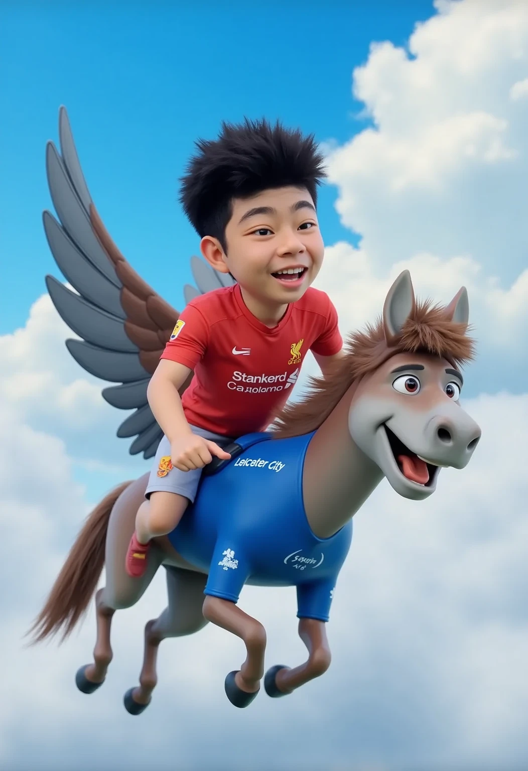 3D Pixar, A boy wearing  a red "Liverpool" T-shirt riding on the back of a horse it have two wing  that wearing a blue "Leicester City" T-shirt fly on the sky laughing and having fun.