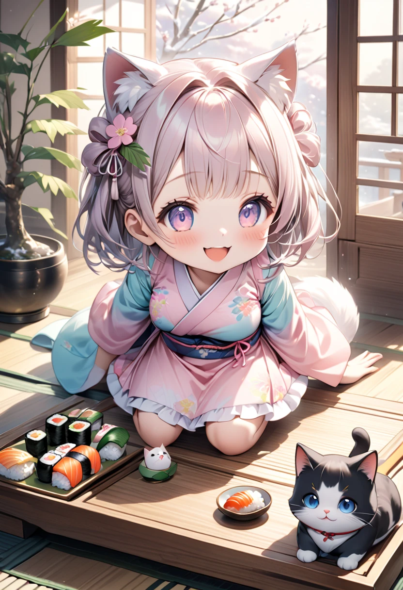 (masterpiece), (ultra-detailed), (best quality), (clear focus), dramatic scene, cinematic, shadow, (ultra-high resolution), (8k), perfect anatomy, perfect face, (detailed face), (detailed eye), (chibi), cute Japanese chibi girl, famous Japanese chibi idol, very beautiful and cute and cool face, (wearing a cute pastel colored kimono:1.2), cute apron,  (large breasts), (She is making sushi at the traditional Japanese room with a cute giant cat:1.3), (many kind of colorful sushi plates are on the Japanese antique low table), Freshly cooked rice in a wooden tub, many kind of sliced fishes with bamboo leaves are on the wooden tray, sitting on Tatami floor, Japanese antique furnishings, Bonsai, gentle sunlight, professional lighting, the cat looks so happy with her, (detailed giant fat cat is mewing:1.3), she looks so happy, Outside the window is a snowy scene, happy smile