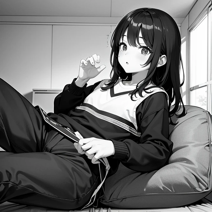  Black and White、     line art    、In the futon、Surprised boy