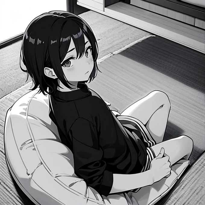  Black and White、     line art    、In the futon、Surprised boy