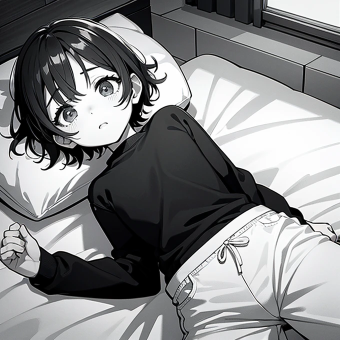  Black and White、     line art    、In the futon、Surprised boy