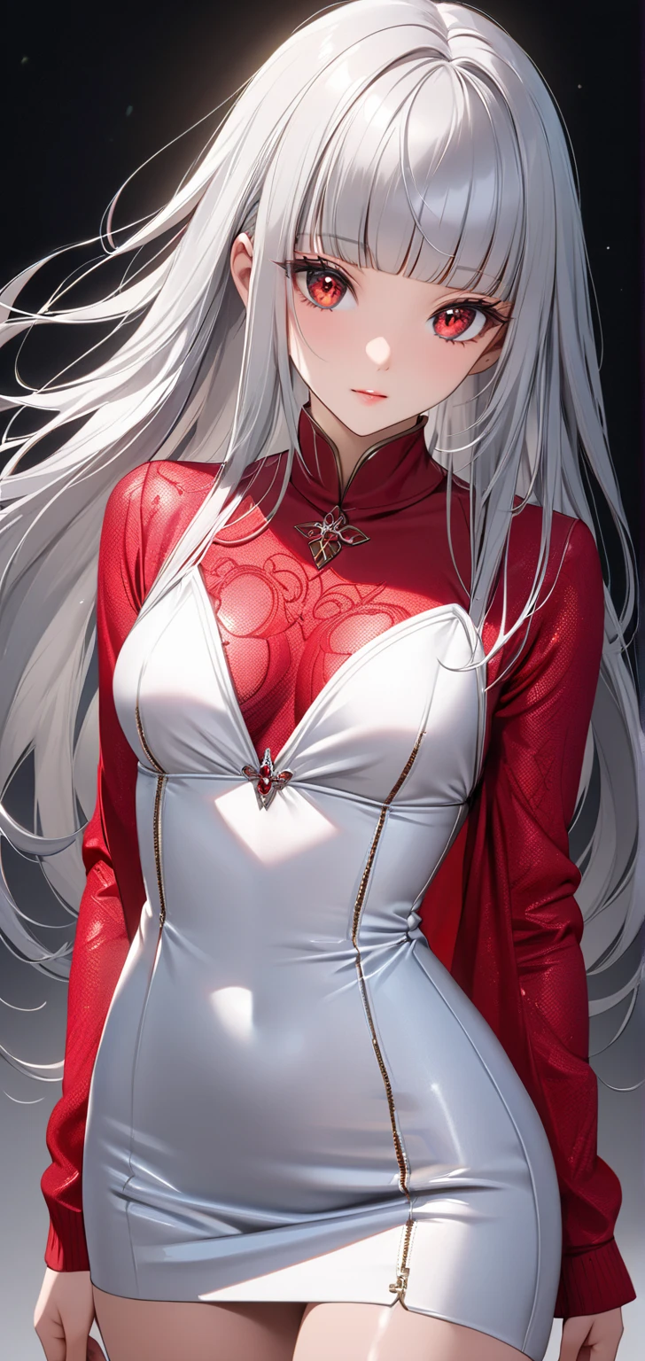 finest image, portrait, female, sexy, beautiful, cute, flat chest, abs, slender, amorous expression, lewd expression, ecstasy, orgasm, light silver glossy flowing layered iridescent hair, blue sparkling eyes, red alluring moist lips, red long dress, red long gloves, background royal palace, many falling petals, professional lighting