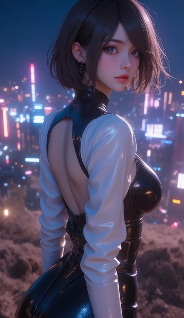 masterpiece, high res, illustration, animation style, movie style: your name, night , mid night , Gentle Light, Fascinating Light, batttle field, ruins of a big city, (back side shot, from her back, full body shot, full body, view from her back:1.7), (1 female: 1.3), (Alone: 1.4), Type 2B Yorha, has long eyelashes, short bob, nose_, open_mouth, futon, , Backless long Dress, , Kirarhythm, dynamic perspective, perspective, Bokeh, Depth_of_Field, from_ Down, (natural breasts:1.2), (Uplifted and well-defined bust:1.2),