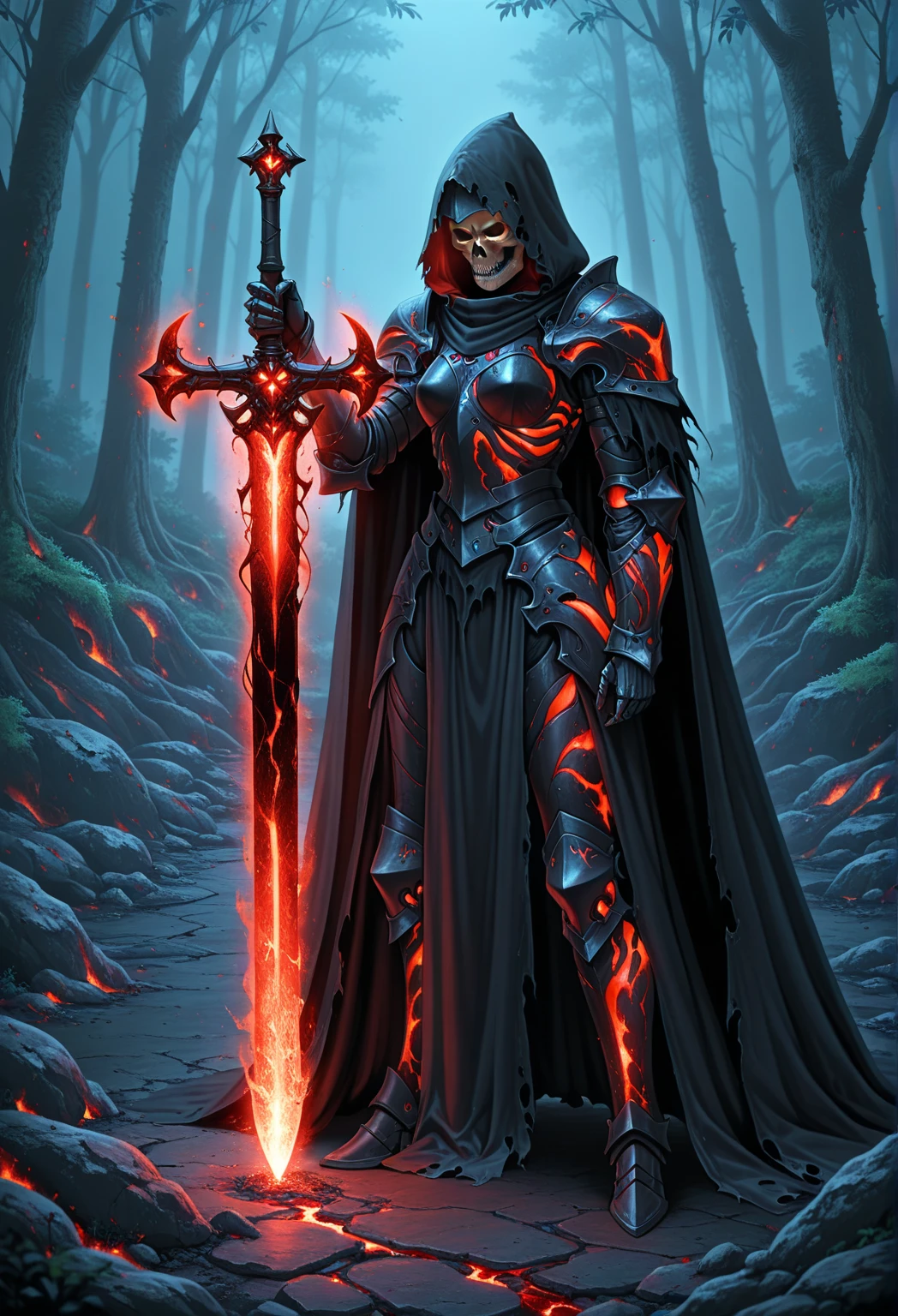 cinematic, HKStyle, Soul Knight, black lava necromantic armor with red elements,holding transparent red burning and glowing  sword by side,sword is grounded ,black hood and cape, armor infused with a robe, glowing purple cross eyes,smoke, nature inspired, bones as an accessory, night at the ruined city, linquivera background filled with chaotic patterns, disturbing, depressing, masterpiece, HD, 