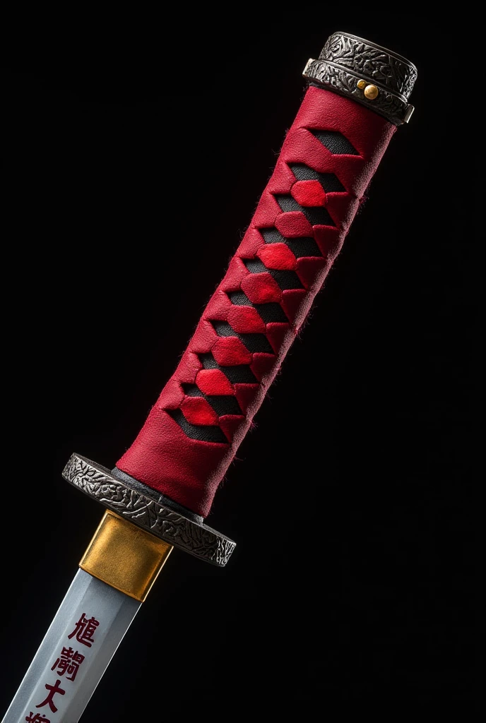 A Japanese catana with glowing  red lined with white clothing handle, about 90cm long, intricate venta black guard, blade made of pure white metal with Japanese characters carved on it. The sheath of the katana is also white with red ruby imbeded in it .