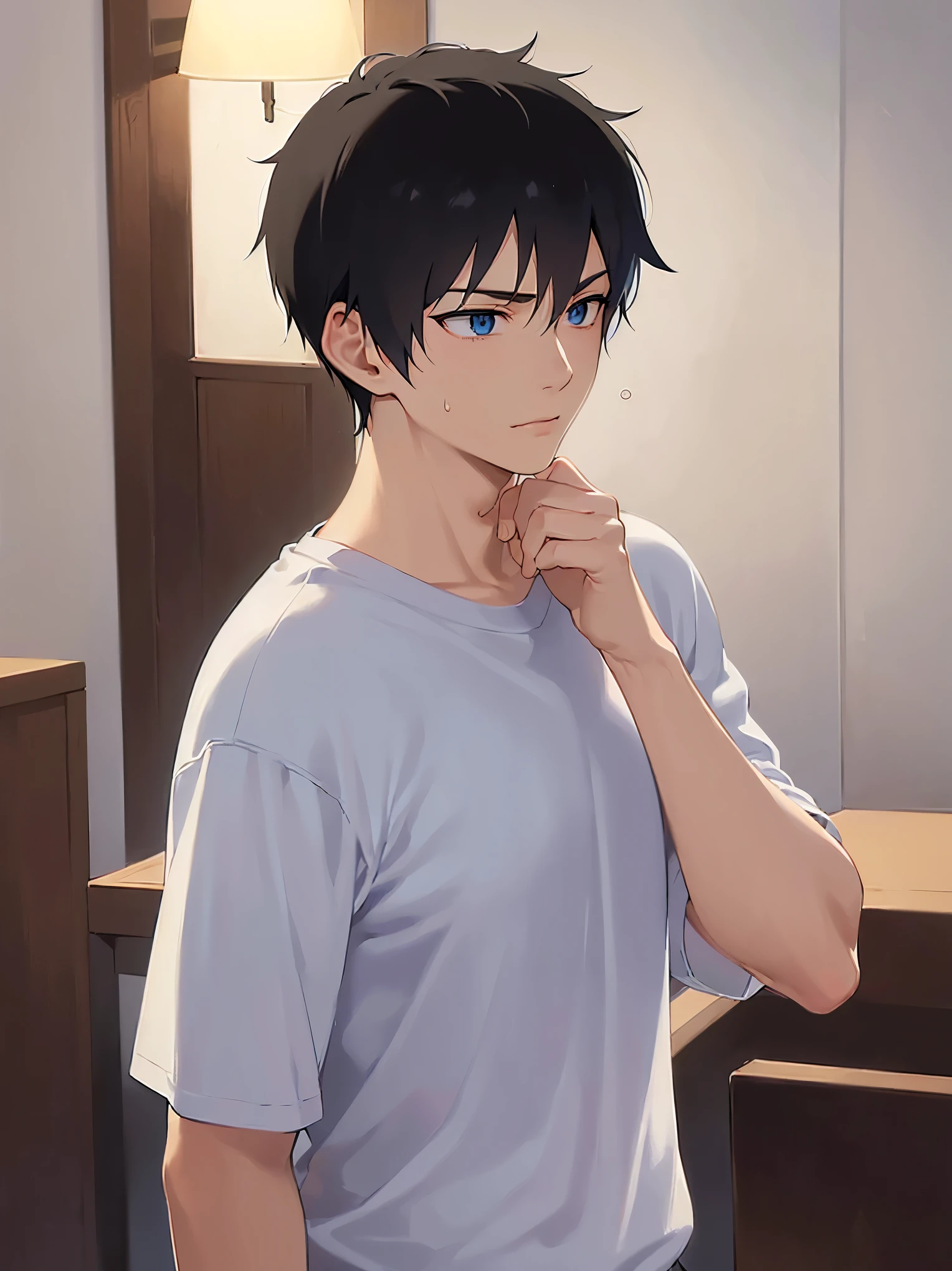 Anime boy with black hair and blue eyes posing for a picture - SeaArt AI