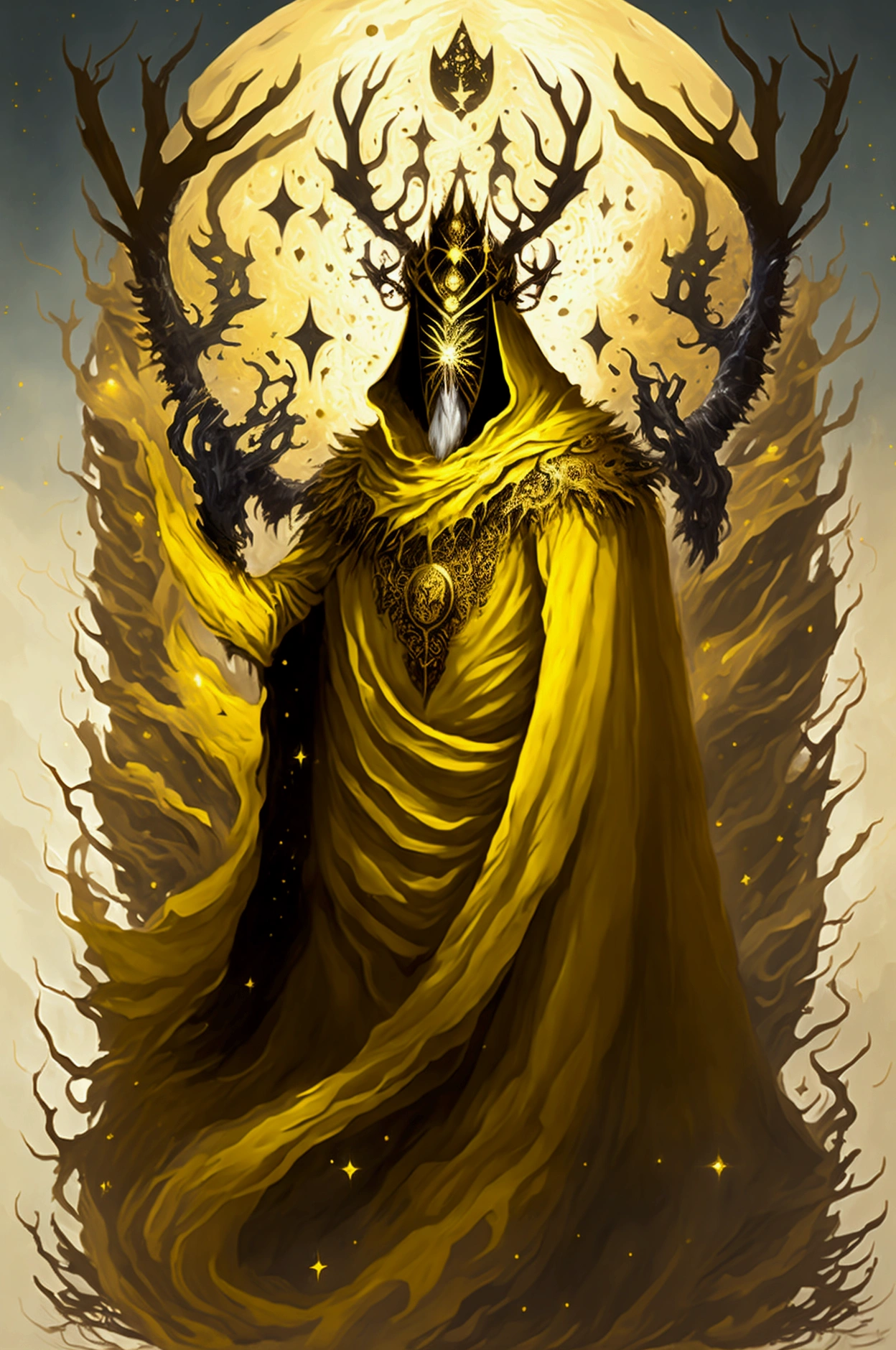 Create a surreal paint splatter painting of"The King in Yellow," depicted wearing an elaborate cloak and a mask, adorned with antlers and a crown. The background is cosmic, filled with swirling galaxies and stars. The color scheme primarily features gold, white, and black, enhancing the mystical aura of the figure. The overall composition should reflect an abstract style, evoking a sense of otherworldly elegance and intrigue.hastur worship artwork