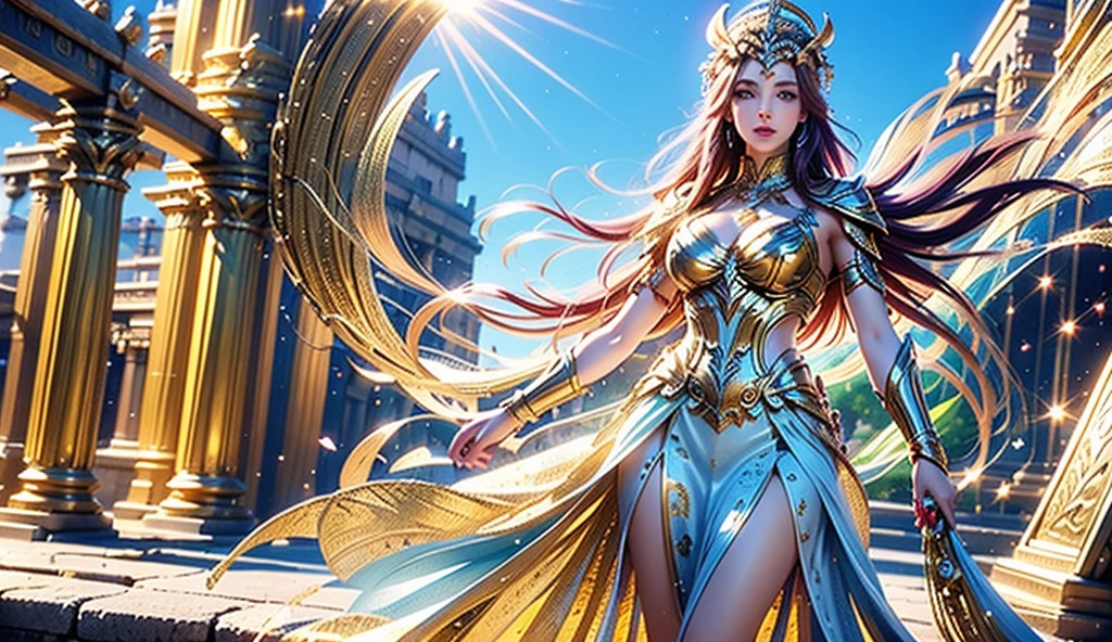 Main Object: The personification of the goddess Athena, standing tall with an aura of wisdom and strength, Action or Position: Athena holds a golden spear in one hand, with a large shield bearing the head of Medusa in the other, her gaze calm yet piercing, as if surveying a battlefield, Complete Scene: Athena is surrounded by a radiant light, with olive trees and ancient Greek ruins in the background, while an owl perches on her shoulder, symbolizing wisdom, Location or Background: The setting is atop a marble platform in a sunlit temple, with broken columns and intricate carvings framing the scene, and the warm golden hues of a setting sun illuminating the sky, Description of Main Object: Athena is depicted as a regal figure, clad in gleaming bronze armor adorned with intricate engravings; her helmet, adorned with a plume of white and gold feathers, sits slightly tilted back, revealing her determined expression and long, flowing dark hair, Description of the Location: The temple is majestic yet weathered, its white marble shimmering in the sunlight, with vines and olive branches adding an air of timeless reverence, Model or Style of Main Object: The goddess’s features are hyper-realistic, her eyes glowing faintly with divine intensity, and every detail of her armor and accessories crafted with lifelike precision, Angle of View: The camera angle is a frontal view at eye level, emphasizing Athena’s commanding and approachable presence, Artistic Style: Realistic 4K style.