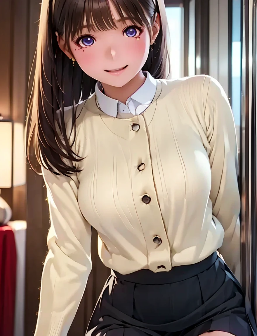    high res ,In 8K, best quality, Details, semi-realistic anime , D Anime Style , Smooth Anime CG , One Girl , 19-year-old Japanese woman on a luxury liner , slim,modeling,((輝く瞳)),(Maroon Glowing Hair ), Shiny brown hair, Detailsな顔,Beautiful and  Details,(( Deep Blue-Purple Sparkling Eyes )),( close your mouth),(Laughter),(( and turn around)),(Posing), ( White Cut and Sewn),Long sleeves standing rest, skirt flip,( black panties ),  hair bow,(Beige miniskirt,((Thick black tights))、 high heels by Miguel