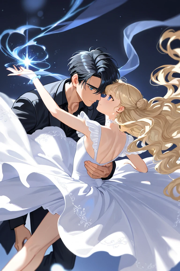 A couple of friends hugging in an emotional farewell atmosphere, next to a spaceship. The boy is tall and adult, with black hair and black eyes, wearing a Dragon Ball Z style battle suit. The girl is tall and has blonde hair, blue eyes, and has two pigtails falling over her shoulders decorated with pink ribbons. She wears a pink jumpsuit dress. The art should capture the iconic style of Dragon Ball Z, with an atmosphere that reflects the emotion and sadness of the moment of farewell.