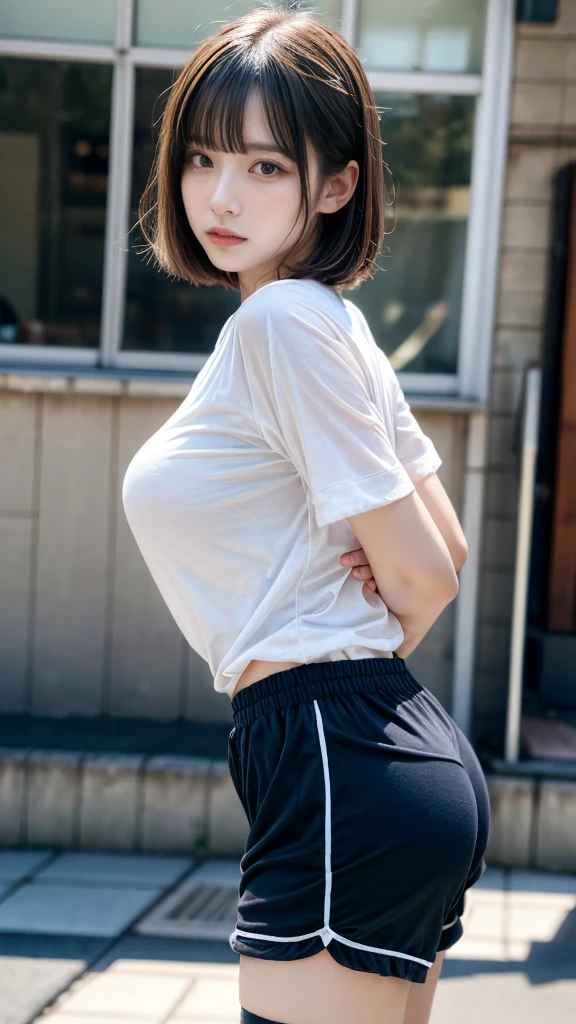 (Raw photography、top-quality、detaileds、​masterpiece:1.2)、(reallistic、Photorealsitic:1.37)、1 girl in、cute little、(A smile:1.5)、beautidful eyes、Detailed skin、Black hair long straight hair:1.5、Floating hair、18-year-old baby face:1.5、huge-breasted:1.5、round and toned buttocks:1.5、slender style、japanes:1.5、eye glasses:1.5、Black T-back panties that dug into the buttocks:1.5、white  shirt:1.5、Outdoor background、Looking back、Appeal buttocks:1.2