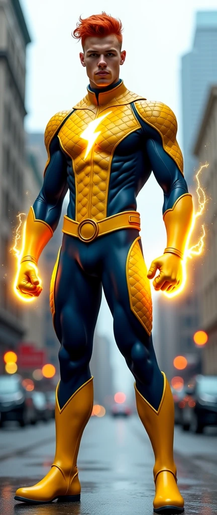 Full body photorealistic handsome hunky young slender futuristic male hero with messy red hair wearing a navy and yellow costume and wristbands that can create lightning ,,super Bulge.