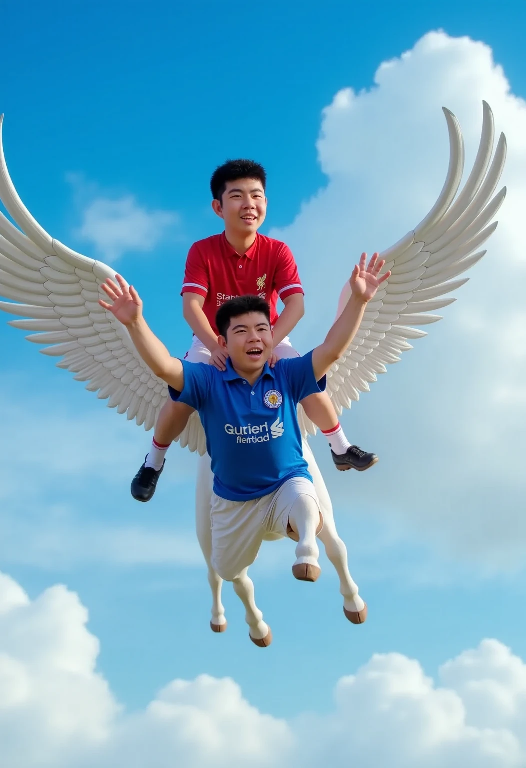 3D Pixar, A boy wearing  a red "Liverpool" T-shirt riding on the back of a 2 wing horse that wearing a blue "Leicester City" T-shirt fly on the sky laughing and having fun.