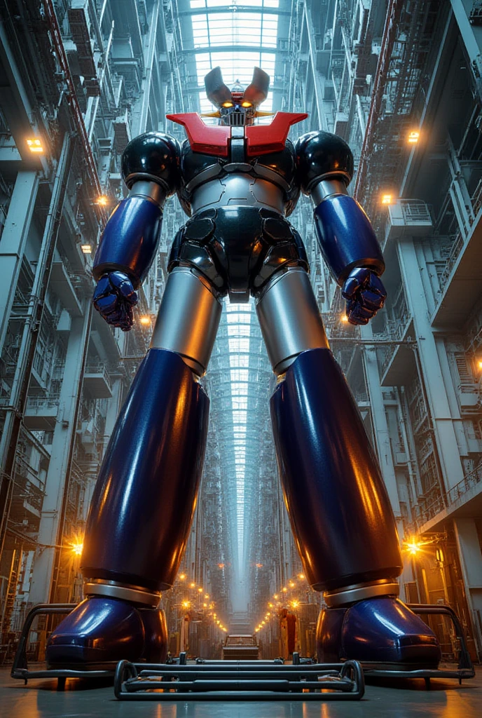 A very realistic giant version of the great hero Great Mazinger Z , Standing in a forward position at a height of 100 meters .  reactor equipment production line constructed with modern materials such as steel ,  Carbon Fiber ,  other industrial elements are also visible ,  just like the real thing ,  where high voltage current flows and emits light have been carefully recreated.  set in a modern industrial environment ,  the appearance of Mazinger Z standing around ,  illuminated by natural light 、 huge structures highlighted with realistic shadows . LED light lighting .  Installed at the Institute of Space and Space Sciences Chemical Repair Industry Production and Environmental Science Center  , Great Mazinger standing around  ,   illuminated by natural light て 、  a huge structure on the space development dock highlighted by realistic shadows . LED light factory 　