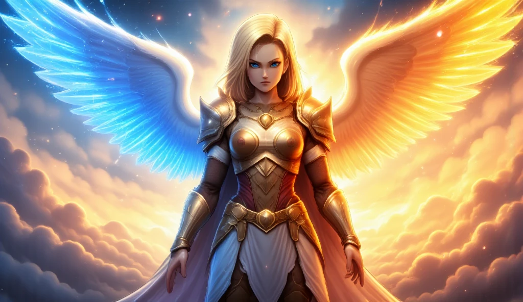 android c 18 as a holy arch angel in beautiful armor and holy magic aura with huge wings, the left wing is water wing and right wing is fire wing