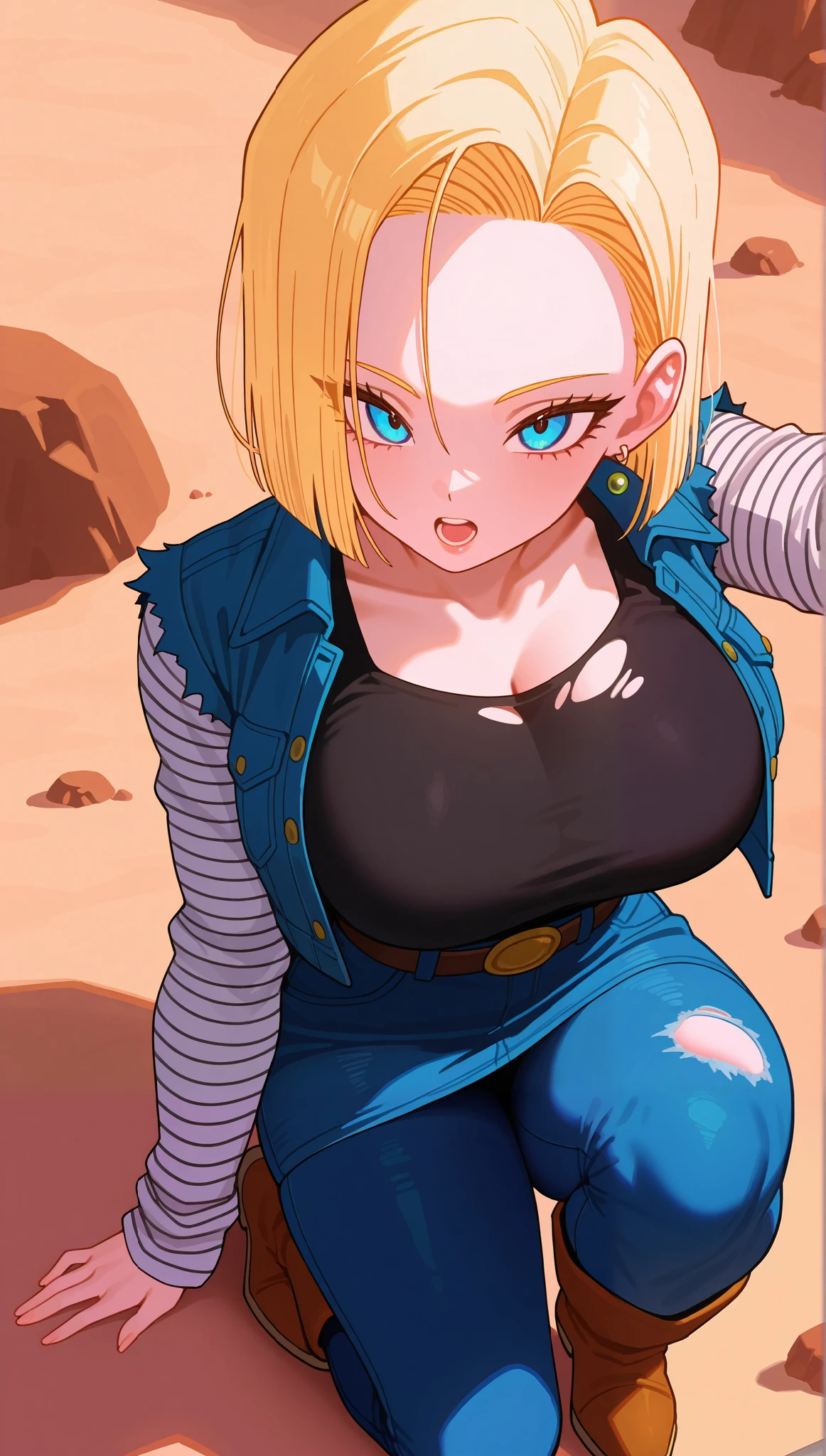 (masterpiece), (portrait), big breasts (aesthetics), ((1 female 21 years old)), Highlight earrings), ((short hair)), ((Hot crystal blonde hair)), ((Android 18)) straight hair, thin eyes open, blue eyes, cute, naughty, tired look, open mouth panting, crouching tired, woman, feminine, beautiful, female features, top, high quality, aesthetic clothing, professional angle, (rule of thirds), (feminine), , (beautiful) , (female ) features), solo, (Korean attractive), summer, (ink haze), (afternoon), (vibrant light), seductive posture, ((face looking forward))), Android 18, denim jacket, denim skirt, boots, torn black tights, striped sleeves blouse, black strap t-shirt, jeans, sensual ((Energy)), (Bold Makeup), (Big Breasts), Fair Skin, (Clothes with Hip Hop Details), (a hot Android 18, sculptural body, sexy pose), (Sleep Neckline), Beautiful Hands, Body beautiful, beautiful ears, beautiful eyes, bright eyes, beautiful mouth, beautiful lips, hip tilt, sensual leaning pose, isolated, rocks, desert place