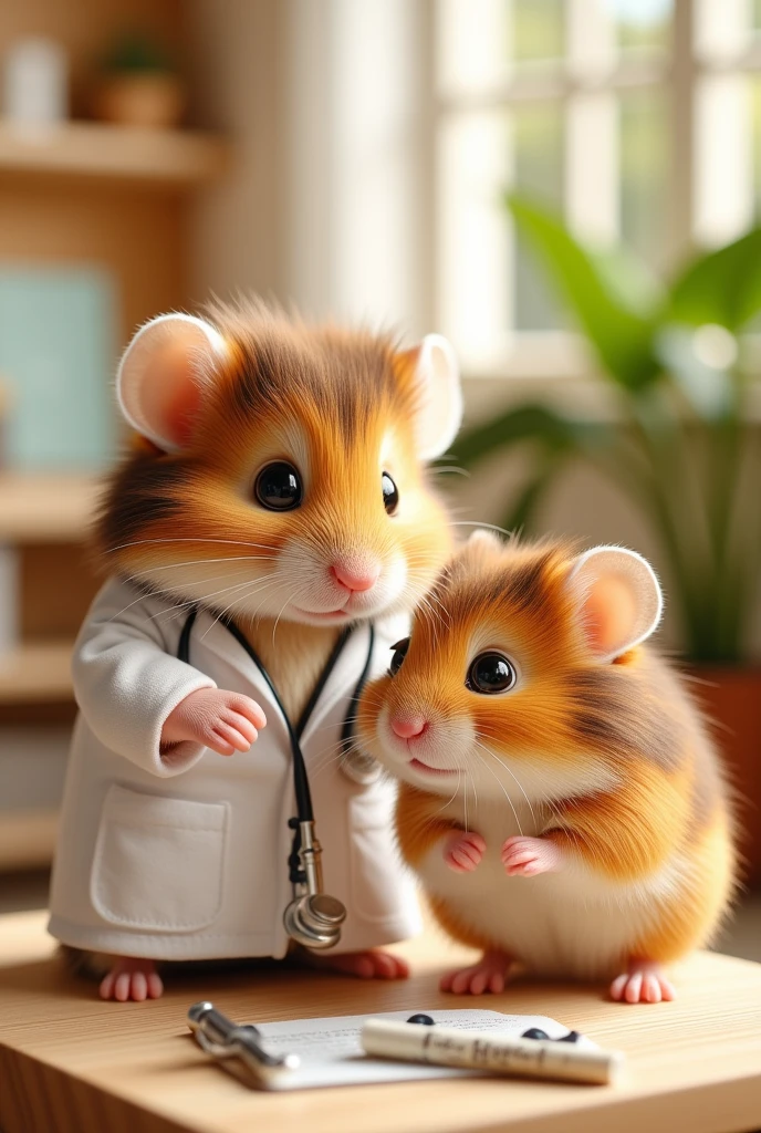 A very cute stuffed hamster with very short limbs, dressed as a doctor, examining a small 's hamster with a stethoscope.