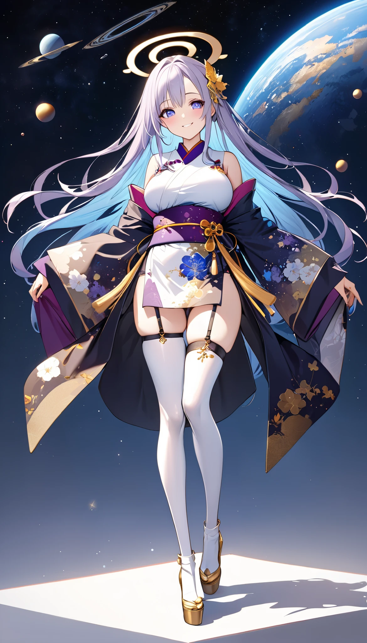 Fresh illustration,
Ultra-fine drawing,
Top quality,
Very delicate illustration,
Very fine details,
Beautiful charming anime woman,
Enchanting anime girl,
Super detailed,
Beautiful and sophisticated,
Illustration of a girl,
Full body,
Standing motionless,
Arms slightly spread,
Height 158cm,
Fair skin,
Right eye is blue,
Left eye is purple,
Odd eye,
Heterochromie iris,
Large black pupil,
Beautiful eyes,
Super long hair,
Shiny hair,
Roots are blue, rest is white,
Hair has a gradient,
Forehead is exposed,
Cute face,
Pretty face,
There is a shining angel halo on the back of the head,
Lowered eyebrows,
Smiling,
Upper body is wearing kimono,
Upper body is wearing Japanese clothing,
Overall white clothes,
Lower body is wearing a Chinese dress,
Obi color is black,
Tastefully embroidered with gold thread a certain,
clothes with a high-quality texture,
big breasts,
thong,
garter belt,
stockings,
thigh straps,
thigh straps digging into the skin,
white long boots,
shoe toes are Japanese-style,
thin waist,
thick thighs,
isometric,
golden ratio,
divine atmosphere,
wearing an indigo-colored stand-up collared inner,
outer space,
multiple galaxies,
countless small stars,
tactical use of shadows,