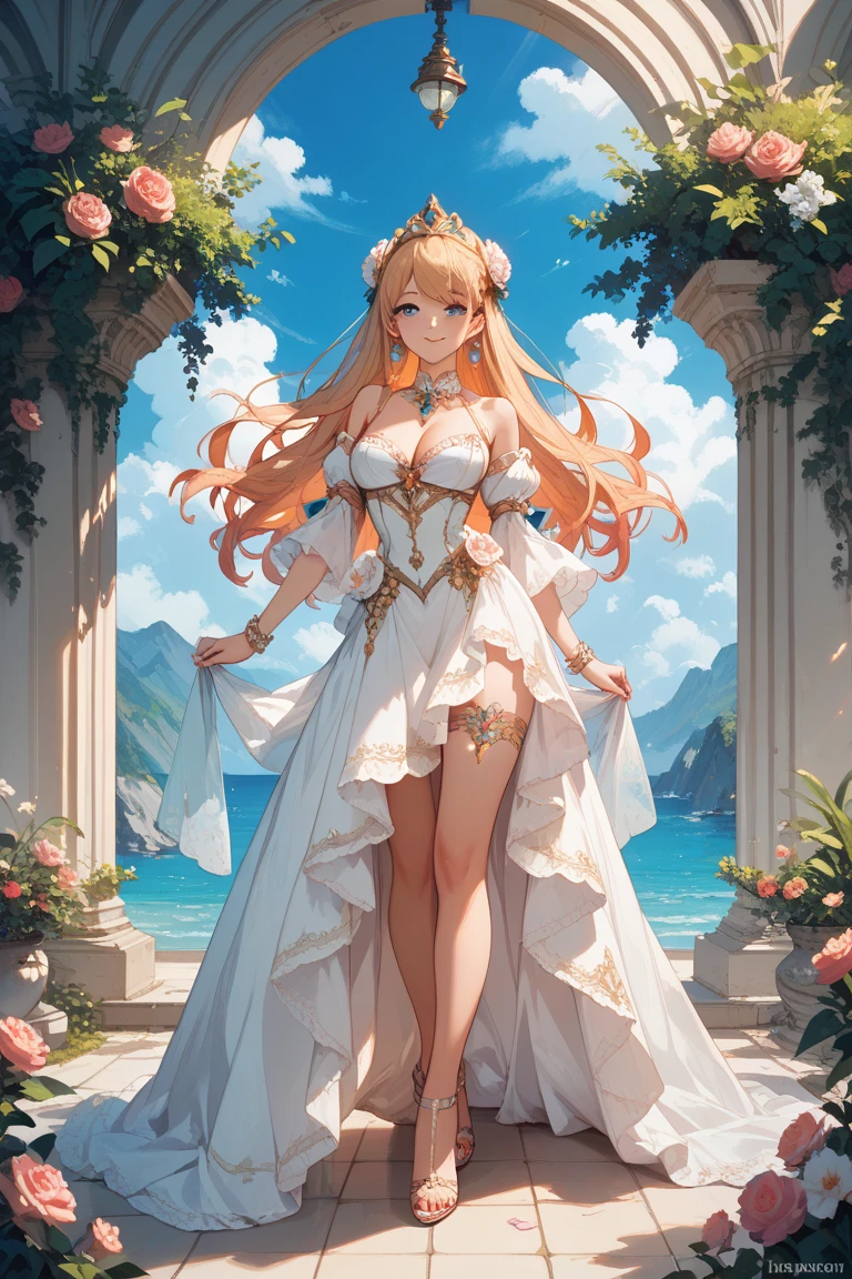 Model shooting style, (extremely detailed CG Unity 8k wallpaper), full-shot body photo of the most beautiful artwork in the world, stunning beautiful photo realistic available, super realistic super detailed photo, a beautiful girl as a female dancer,complex dress, banquet, crowd, [slight smile],(Chateau de Versailles, Pisa Baptistery Of St. John background, Flowers,navel,crowd),(princess eyes, shining pupils),detailed symmetrical beautiful hazel eyes, detailed gorgeous face, highly detailed, Vibrant, professional majestic oil painting by Ed Blinkey, Atey Ghailan, Studio Ghibli, Jeremy Mann, Greg Manchess, Antonio Moro, ArtStation Trends, CGSociety Trends, Complex, High Detail, Sharp Focus, Dramatic, Realistic Painting Art, by Midjourney and Greg Written by Rutkowski