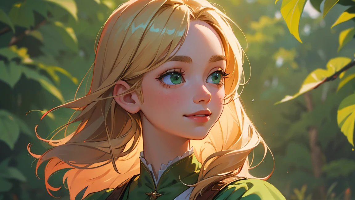 (best quality, ultra-detailed portrait of Kilua),(blurred background,depth of field),(dynamic angle,profile shot, Kilua looking to the left,serious and intense expression,chestnut hair,glossy green,hunter's outfit,earpiece,small smile at the corners of the lips)