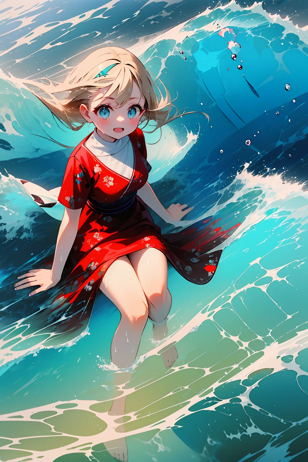 (8k,  super high quality , masterpiece:1.2),  super high res,  cute,  girl , solo, whole body, Blonde, Blue Eyes, Navy Blue Dress, Red floral pattern, Hawaiian Dress, sea,  like a ,  bright smile, soaked, whole bodyに水滴,  walking with hands on a cliff , Submersion, 