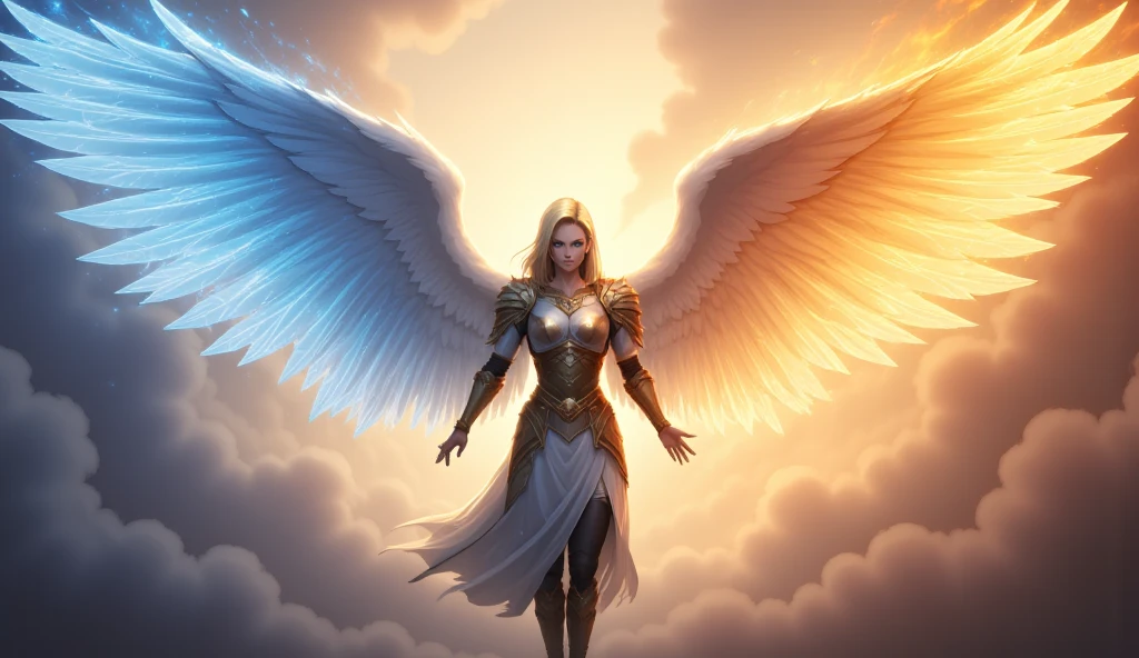 android c 18 as a holy arch angel in beautiful armor and holy magic aura with huge wings, the left wing is water wing and right wing is fire wing