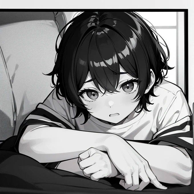  Black and White、      line art     、Put on a futon、Surprised boy