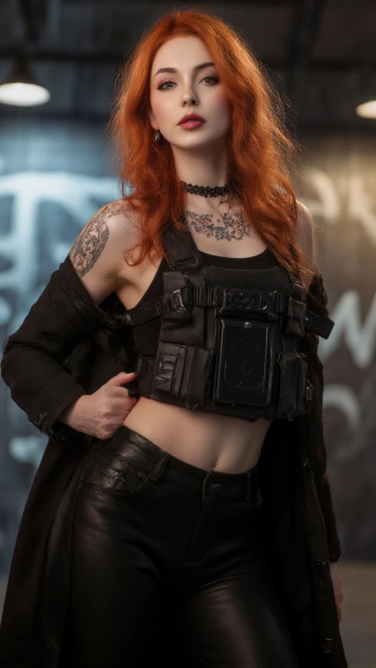 1woman, age 24, Solo, Aesthetic artwork, irish redhead, long ginger hair, commanding presence, stern glare, wavy red hair, green eyes, floral tattoo on shoulder, pale skin, long trench coat, black trousers, skin tight tactical vest over sleeveless shirt, sultry, C-cup, medium breasts, fit and slim body, detailed skin texture, dynamic pose, indoors, cyberpunk themed artwork (extremely detailed 8k wallpaper), studio lighting, high quality, Fujifilm XT3 sharp focus, f 5.6, 50mm, High Detail, Sharp focus,(estudio light), crazy details, complex details, hyper detailed.